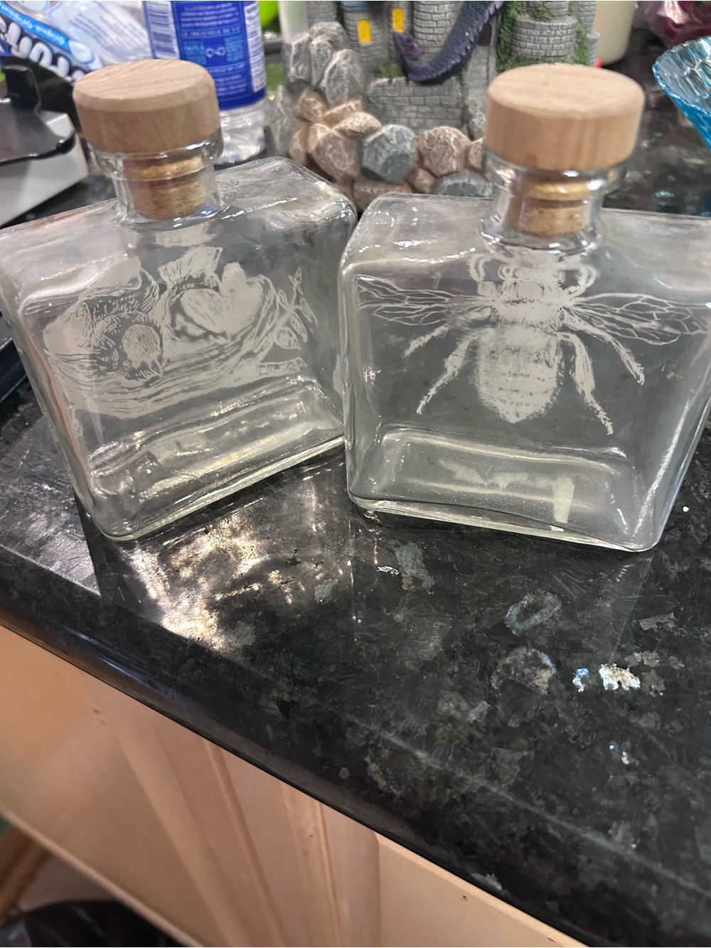 Pair of Vintage Clear Etched Glass Art Bottle with Cork